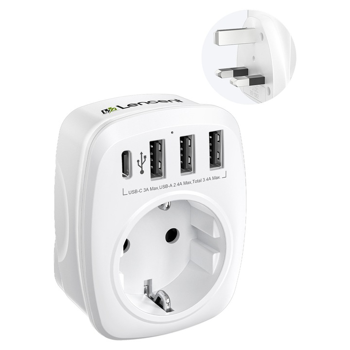 EU-UK Hálózati Adapter, Utazó Adapter USB-vel, LENCENT®, 1 Schuko dugó+3 USB A+1 USB C, CE FC Tanúsítvánnyal, Gyermekvédelem, AC Max 3250W(100-250V), G Típusú Aljzat Írországba, Ciprusra, Máltára, Malajziába, Szingapúrba, Tűzálló Anyag, Fehér