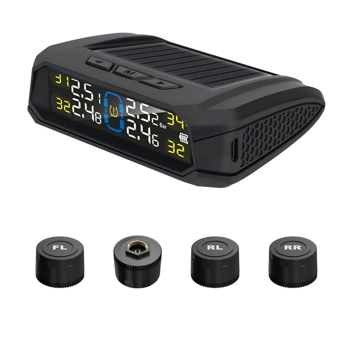 Külső gumiabroncsnyomás-ellenőrző rendszer, LCD kijelző, vezeték nélküli kapcsolat, napelemes és micro USB töltés, külső érzékelőkkel, valós idejű nyomásfigyelés, hangjelzés, hőmérséklet-figyelés az autóban, fekete
