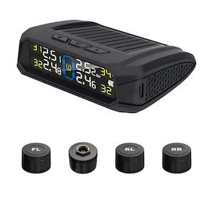 Sistem extern de monitorizare a presiunii in pneuri, afisaj LCD, conexiune wireless, incarcare solara si micro USB, cu senzori externi, monitorizare in timp real a presiunii, alarma sonora, monitorizare a temperaturii in interiorul masinii, negru