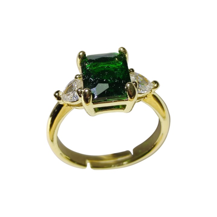 Inel dama, cu diamant artificial, rezistent la apa, auriu/verde