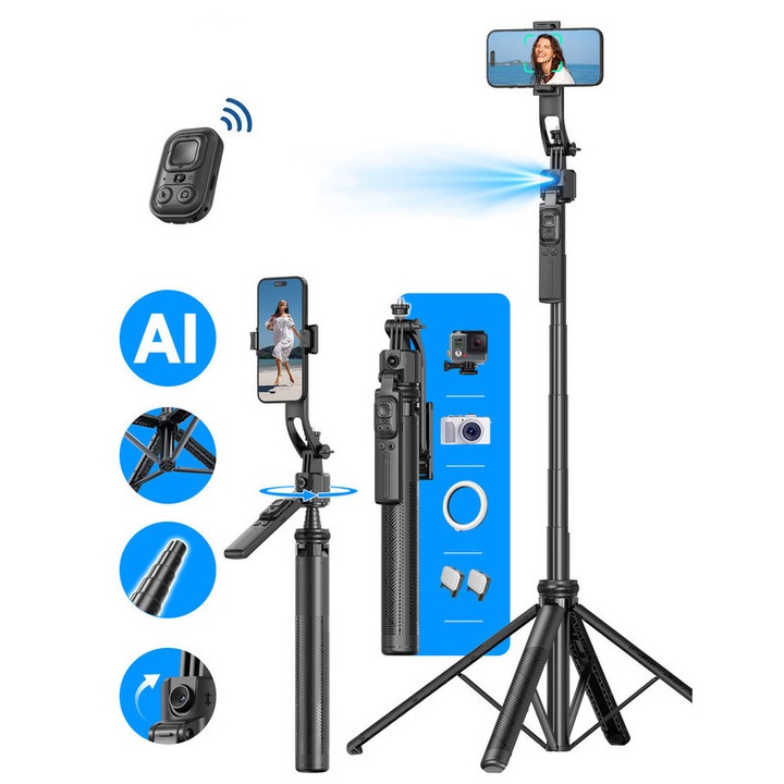 Asopal 4 lábú szelfibot, AI követés, 1,6 m-ig kihúzható, integrált stabilizátor, levehető telefontartó, 10 m-es Bluetooth távirányító, fekete