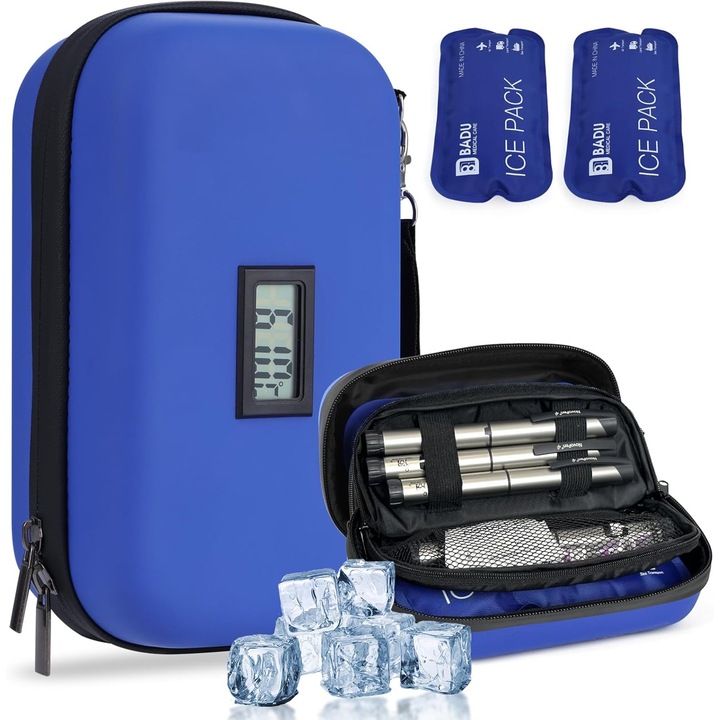 Geanta frigorifica pentru insulina, cu display temperature, 2 pungi de gheata, albastra