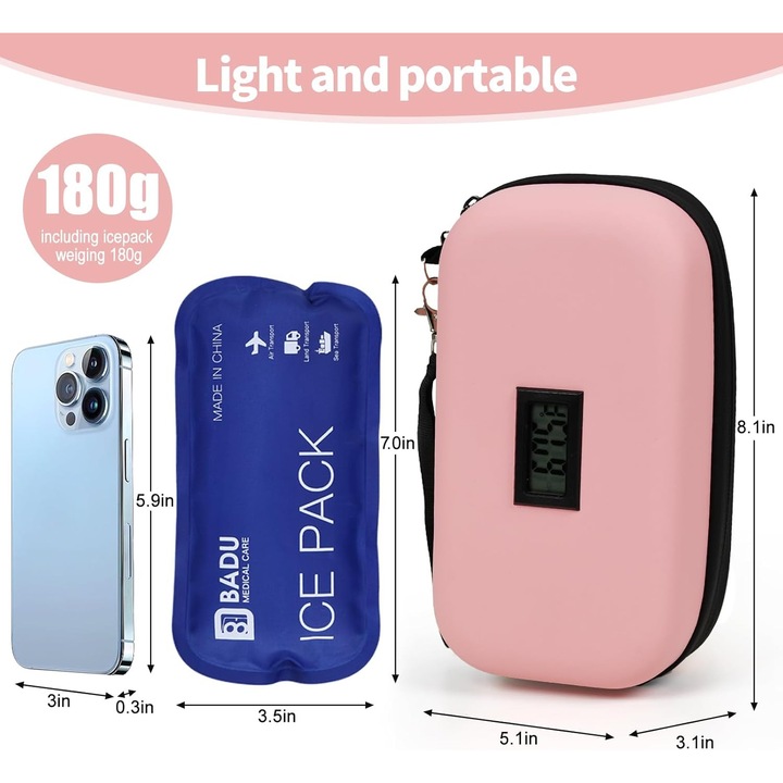 Geanta frigorifica pentru insulina, cu display temperature, 2 pungi de gheata, roz