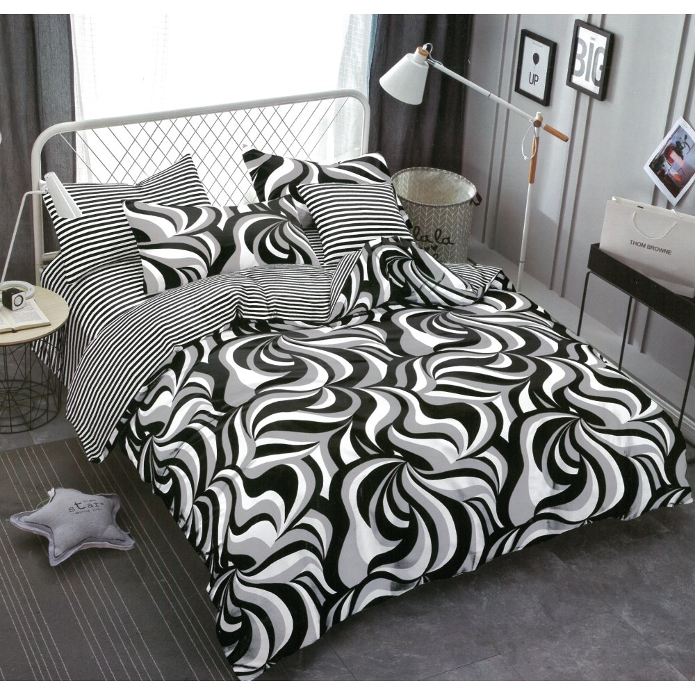 Set 6 piese Lenjerie Relax Shop, Six Ape alb negru, 2 persoane