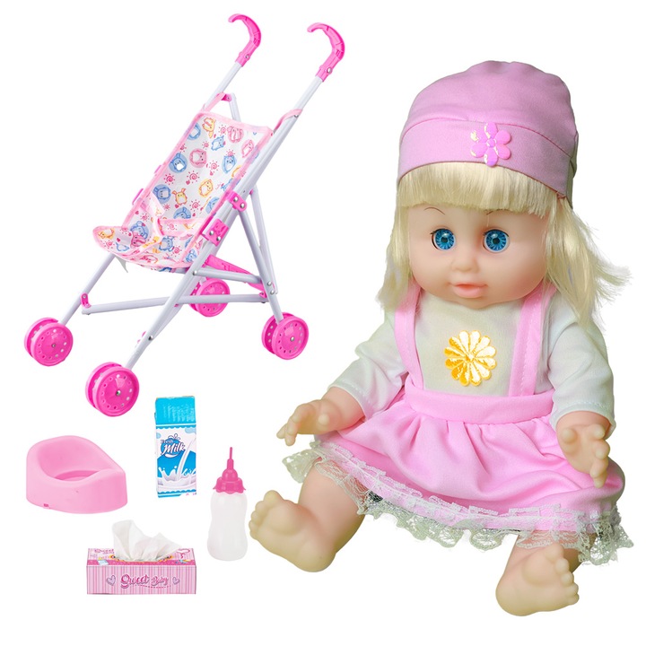 Комплект кукла бебе с количка и аксесоари, 33 см, мек силикон, розов