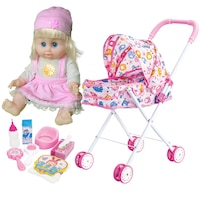 Set carucior pentru bebelusi, include o papusa si 7 accesorii, 54cm si 33cm, roz, jucarie pentru copii 3 ani+