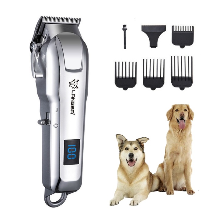 Masina de tuns animale, electrica pentru animale de companie, 2000 mAh, pentru caini si pisici, 10 W, lama ceramica si otel, 6500 RPM, silentioasa, fara fir, incarcare USB-C, negru, FLUFFGO STORE