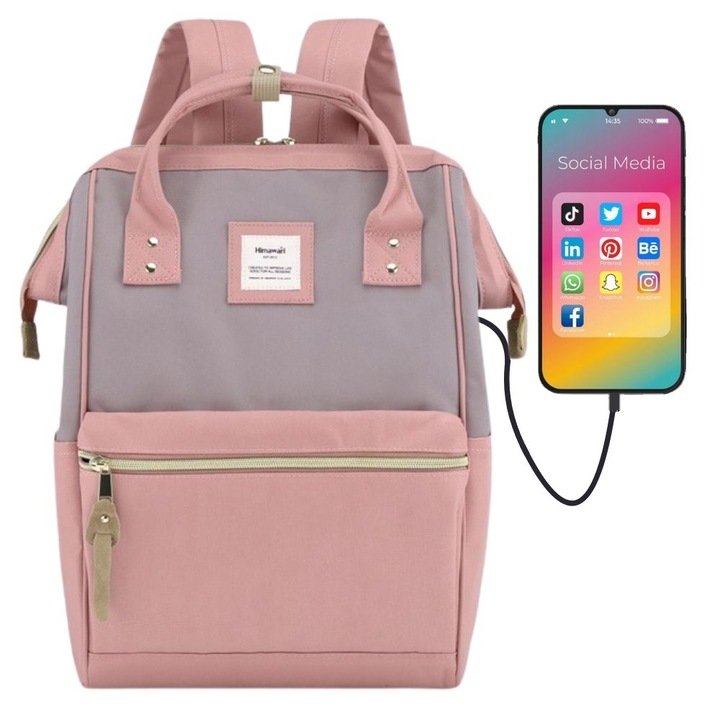 Városi Hátizsák, Himawari, 40x27x17 cm, Rozsdabarna/Lila, Vízálló, A4 Kapacitás, Laptop, USB Csatlakozás, Állítható Pántok, Kiváló Minőségű Anyagok