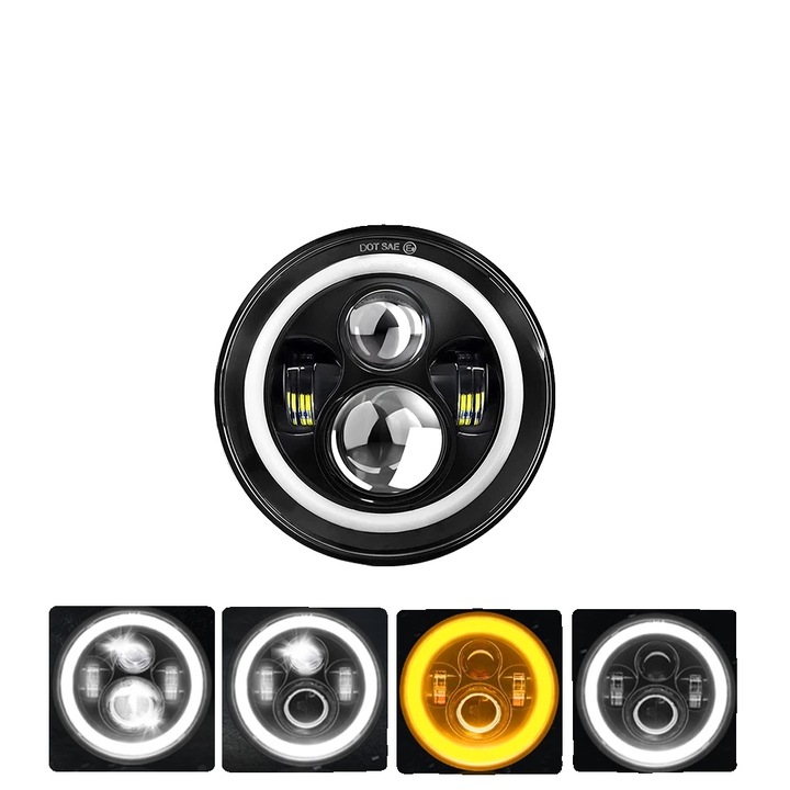 Proiector auto, H4, alb cu galben, rezistent la apa, 7 inch, 12V/24V