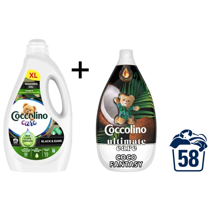 Комплект омекотител Coccolino Cocco Fantasy 870 мл + Перилен препарат Black & Dark 2.4 л 60 пранета, Течен