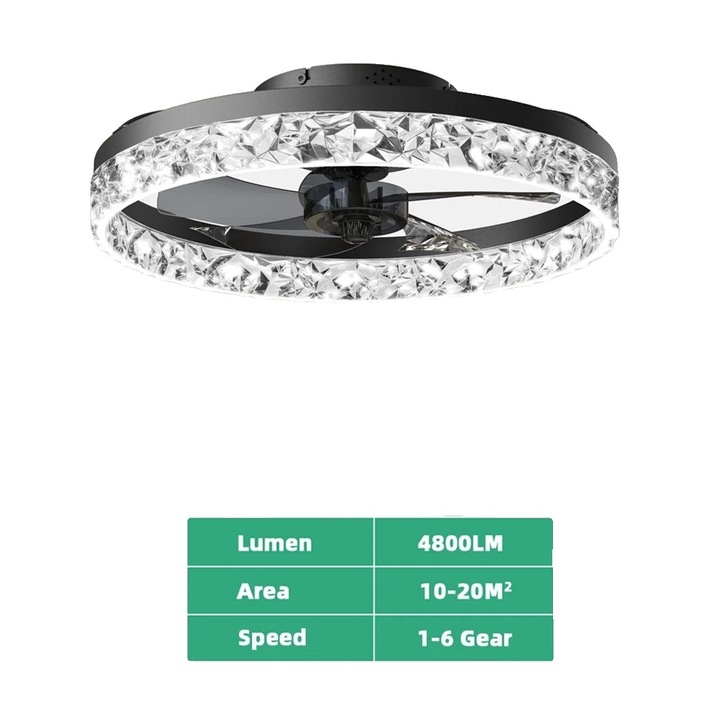 Ventilator de tavan, control de la distanta, iluminare, negru, 50cm