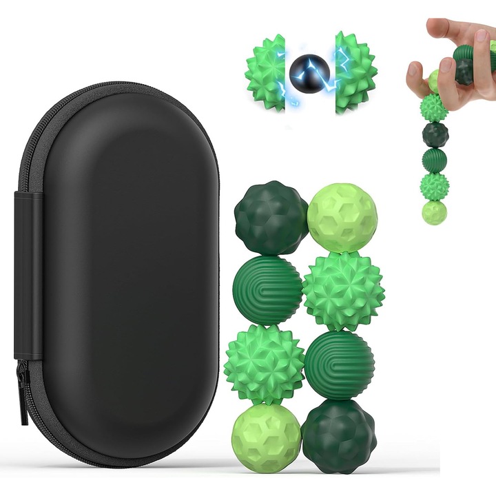 Jucarie Fidget cu bile magnetice, lynker, cu carcasa din silicon, ameliorarea anxietatii, pachet de 8, pentru adulti, adolescenti, jucarii de birou linistite, maini calme si nelinistite, minte anxioasa, cadou distractiv cu magnet Fidget, verde