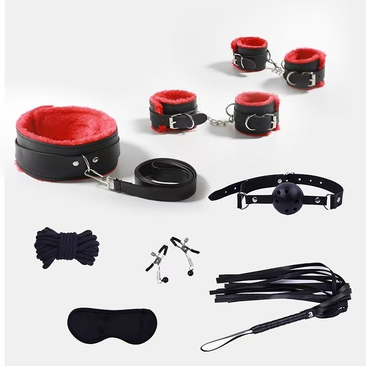 Комплект от 10 еротични играчки - ZYuuan BDSM, Сексуални аксесоари за свързване, Плюшени секс играчки, Белезници, Нашийник, Камшик, Подаръци за Свети Валентин, ЧЕРВЕН