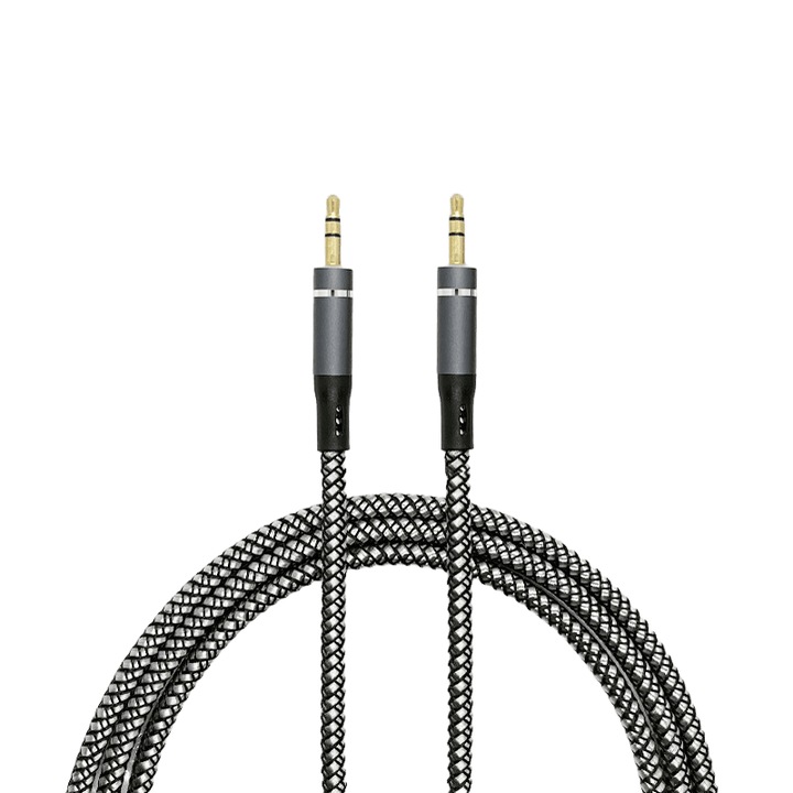 Аудио кабел AUX 3.5мм TRS, жак мъжко към мъжко, 3м, дебел меден проводник, чисто екраниране, позлатен конектор, сив цвят, съвместим с автомобили, високоговорители, компютри, телефони, слушалки