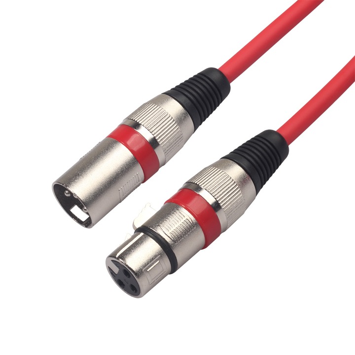 Cablu audio stereo XLR 3 pini, tata la mama, 3m, conductor cupru dublu ecranat, miez cupru anaerob puritate inalta, conectori placati aur, aliaj zinc ingrosat, usor de instalat, rosu