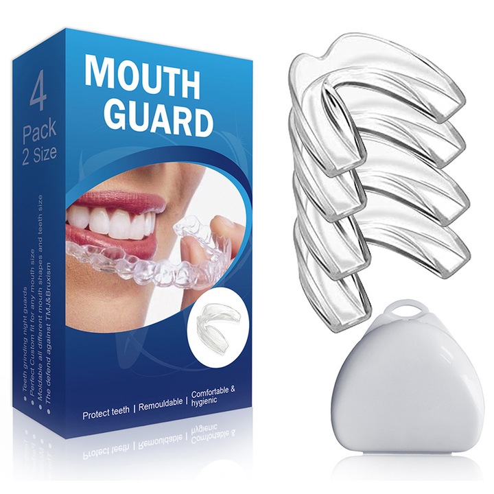 Set 4 gutiere bruxism AYSTOAYS®, protectii termoplastice, cu cutii protectie, pentru protectia dintilor, anti-scrasnire, TMJ, EVA, 6.5x5.5x1.7cm, Transparent