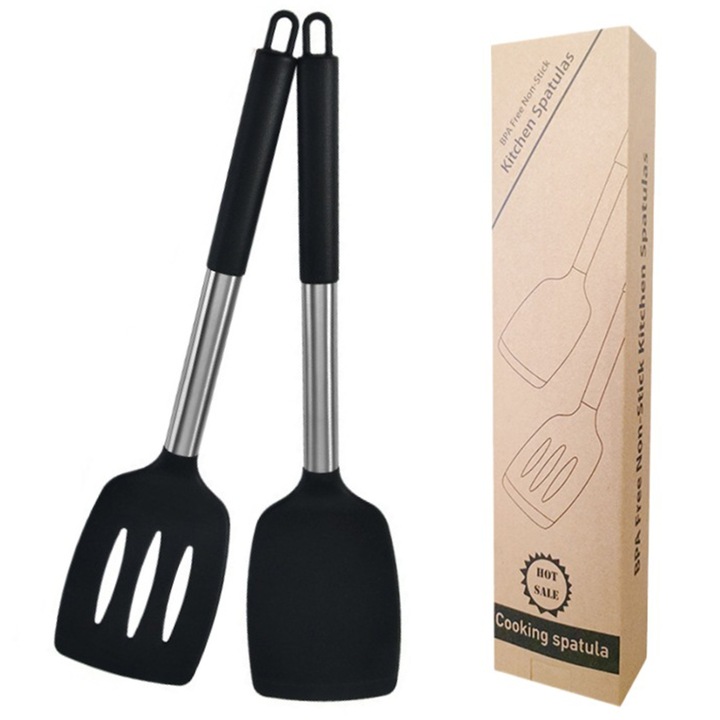 AYSTOAYS® 2 db konyhai spatula készlet, szilikon, Hőálló, Tapadásmentes, Biztonságos és nem mérgező, Rozsdamentes, Korrózióálló, Könnyű súlyú, ergonomikus fogantyú, Felfüggeszthető, Könnyen tisztítható, Fekete