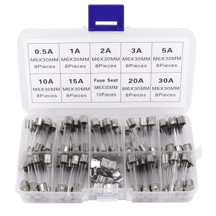 Set sigurante din sticla, AYSTOAYS®, 6x30mm, 0.5A-30A, 72 buc + 10 Suporturi Sigurante, Tubular cap plat, in cutie
