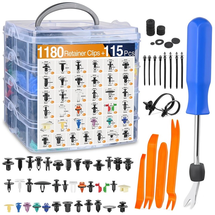 Комплект щипки за кола Autocise, 1295 части, многоцветни, 37 размера, пластмасова кутия