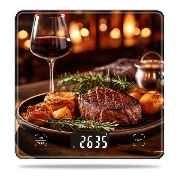 Електронна кухненска везна модел Vin B305, дигитална, максимален капацитет 7 кг, размери 20x20x2.1 см, 3 мм закалено стъкло, LCD екран 54x23 мм, сензорни бутони, точност 1 г