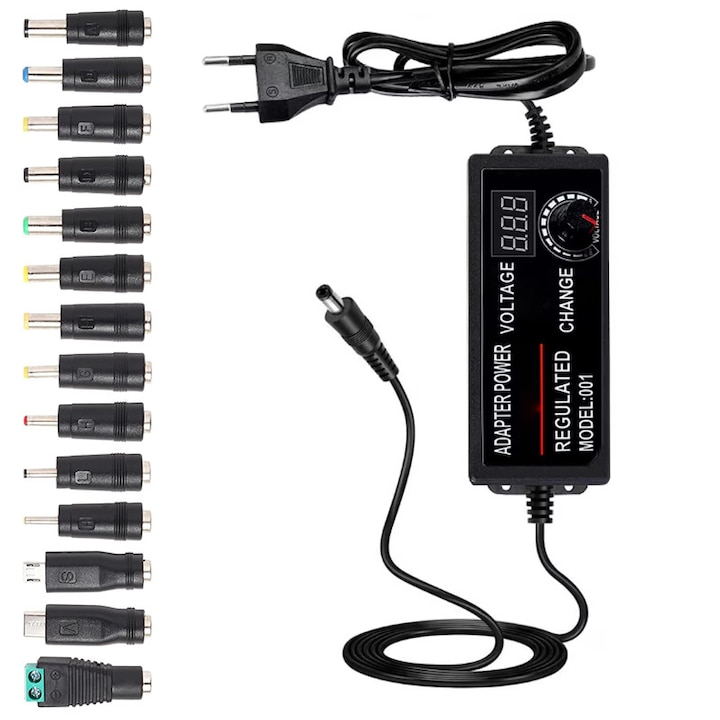 Alimentator Reglabil Universal, AjieQaQ, 3-24V 3A, afisaj digital, 14 conectori, AC/DC, incarcare sigura, usor de utilizat, pentru laptop, router, LED, boxe, negru