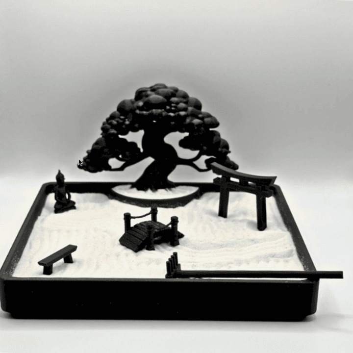 Kit relaxare gradina japoneza, Zen Garden, cu accesorii incluse, negru, plastic, printat 3D, 180x180x100 mm