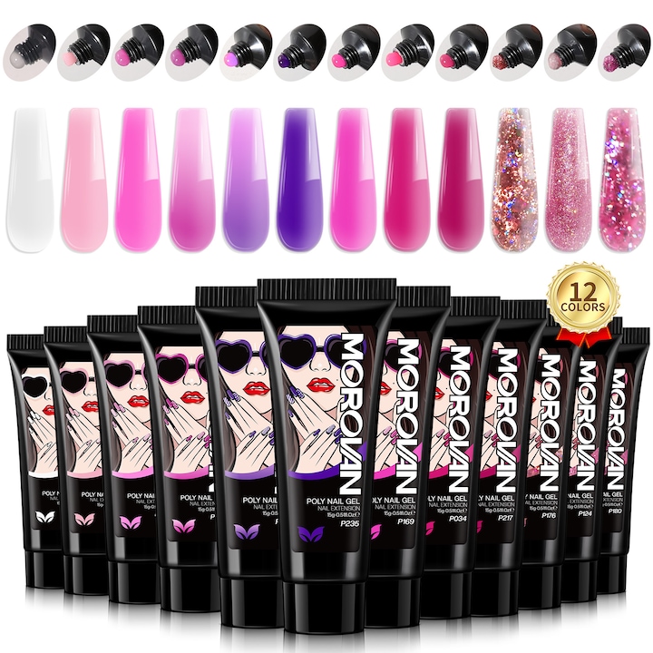 Köröm gél készlet, Strukturált gél manikűr készlet, 12 színű poligél, Morovan, 12x15g, Kezdőknek