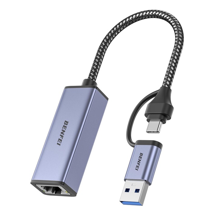 Adaptor LAN Gigabit, Benfei, USB 3.0/ USB-C la RJ45, 10-100-1000 Mbps, Gri