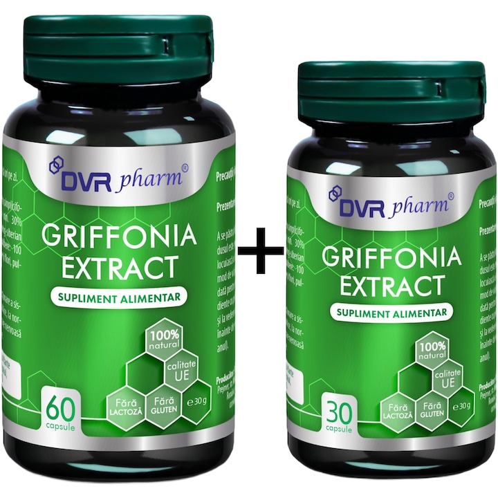 Pachet Griffonia simplicifolia extract "5 HTP" cu Ginseng si Passiflora, pentru depresie, anxietate, insomnie si tulburari de alimentatie, 60+30cps, DVR Pharm