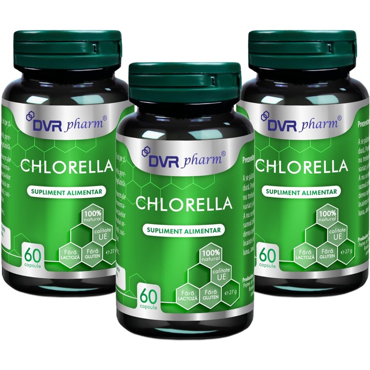 Pachet Alga "Chlorella pyrenoidosa" extract pur, Detoxifiant, Antioxidant, Imunostimulator, Protector celular, Chelator natural, 3x60cps, DVR Pharm