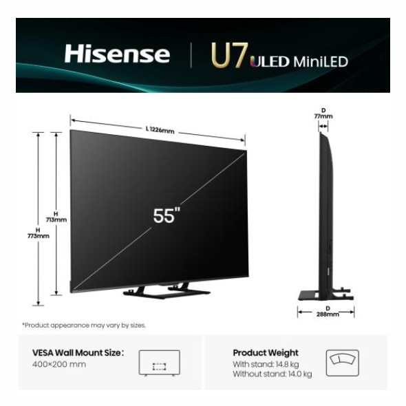Televizor Hisense 55U7Q 139.7Cm 55inch 4K Ultra HD Smart Wi-Fi ULED Negru