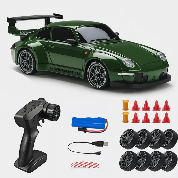 Кола с дистанционно управление, 2.4GHz, 20 км/ч, 1:24, задвижване на всички колела, 2 комплекта гуми (скорост и дрифт), включени препятствия, RC дрифт кола, тъмно военно зелено