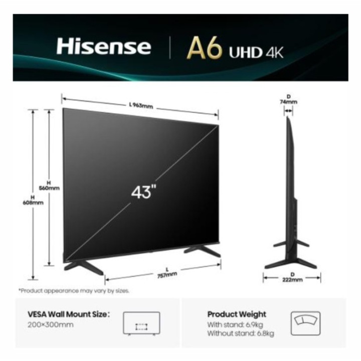 Televizor LED Hisense 109 cm (43") 43A6Q, Ultra HD 4K, Smart TV, WiFi, CI+, Negru