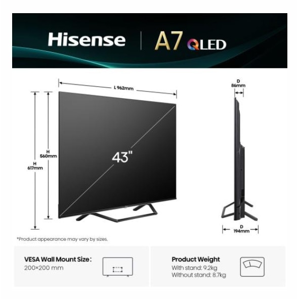 Televizor Hisense 43" A7Q, 4K Ultra HD 3840x2160, QLED, FALD, Quantum Dot, HDR 10+, HLG, Dolby Vision, Dolby Atmos, Smart TV, WiFi 5GHz, WiFi Direct, BT, Anyview Cast, 3xHDMI, 2xUSB, LAN, CI+, DVB-T2/C/S2, Negru 43A7Q