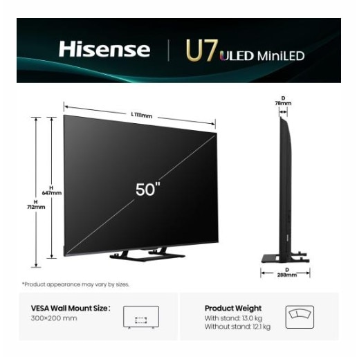 Televizor Hisense 50" U7Q, 4K Ultra HD 3840x2160, ULED, FALD, Quantum Dot, 144Hz, IPS, HDR 10+, HLG, Dolby Vision IQ, Dolby Atmos, Smart TV, WiFi 5GHz, WiFi Direct, BT, Anyview Cast, 4xHDMI, 2xUSB, LAN, CI+, DVB-T2/C/S2, Negru 50U7Q