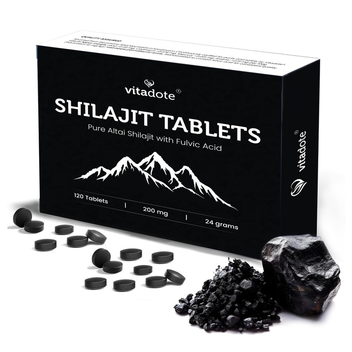 Vitadote® Shilajit Pure 24.000mg – 120 Vegán Tabletta Altai Mumio – Természetes Kiegészítő Fulvosavval és 85+ Ásványi Anyaggal – Adalékanyag-, Glutén- és GMO-mentes – Energia és Vitalitás