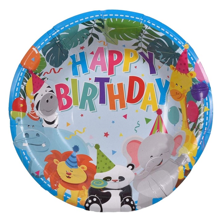 Tányér, papír, parti, állat mintás „Happy Birthday” 19cm - 6db