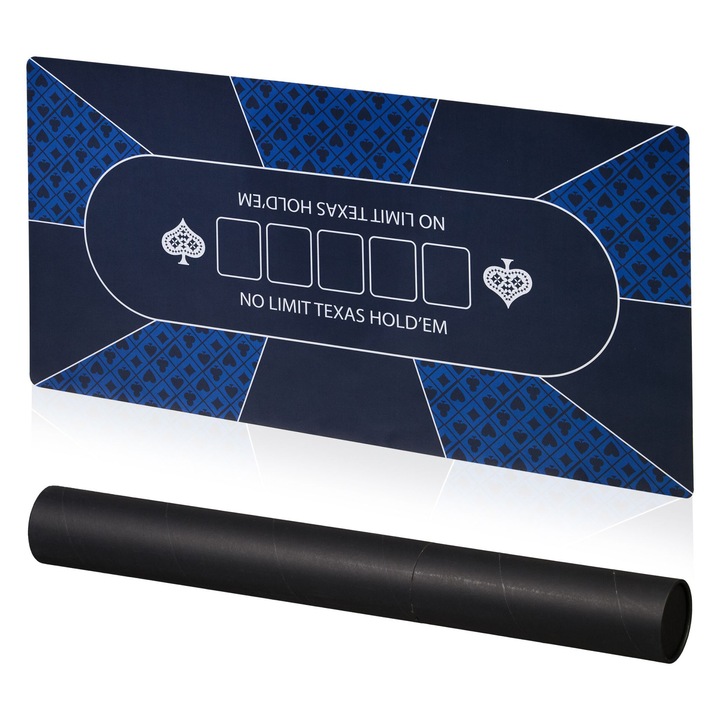 Covoras poker profesional 120 x 60 cm, pentru Texas Hold'em si Blackjack, suprafata impermeabila cu baza antiderapanta si husa de depozitare, albastru