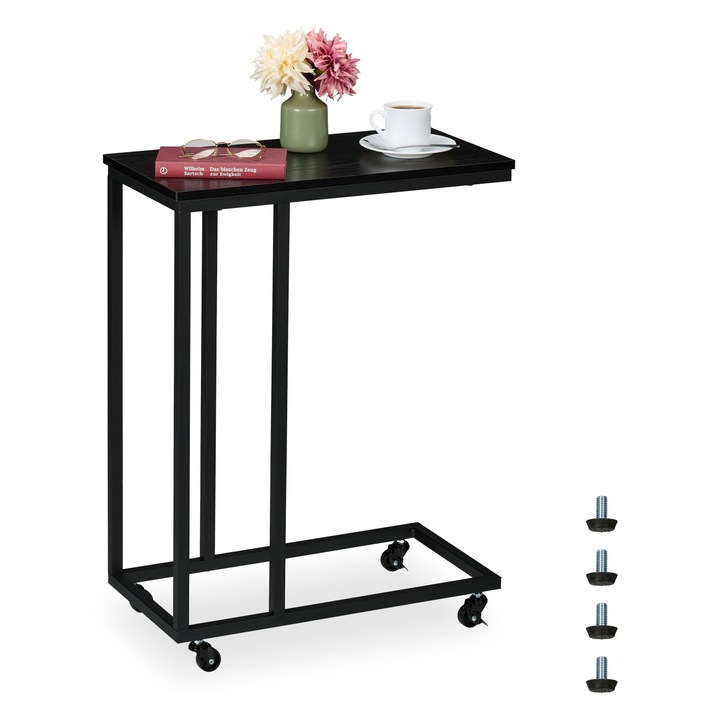 Masuta laterala in forma de C cu roti, masuta multifunctionala pentru canapea sau pat, cu structura metalica si blat MDF, design modern cu roti blocabile, negru