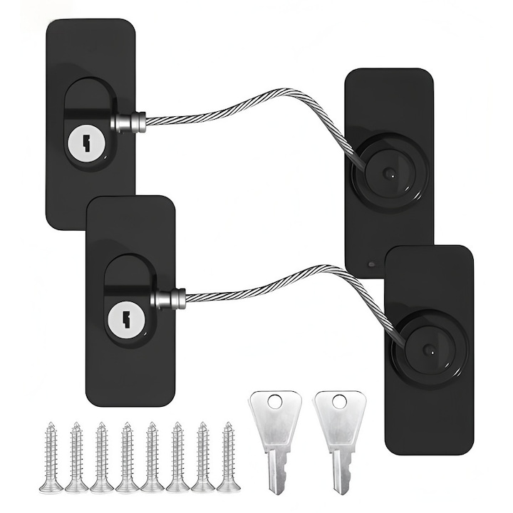Set 2 incuietori de siguranta pentru ferestre, autoadezive, 18 cm, capacitate de incarcare 100 kg, negru