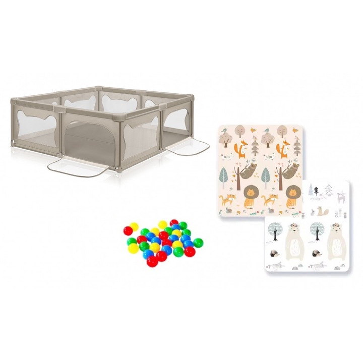 Tarc de joaca pentru copii, Nichiduta, dimensiune 180 x 200 x 68 cm, cadru metalic si pereti din plasa, acces cu fermoar, cu 4 inele ajutatoare, covoras din spuma cu doua fete si 100 de bile incluse, Beige