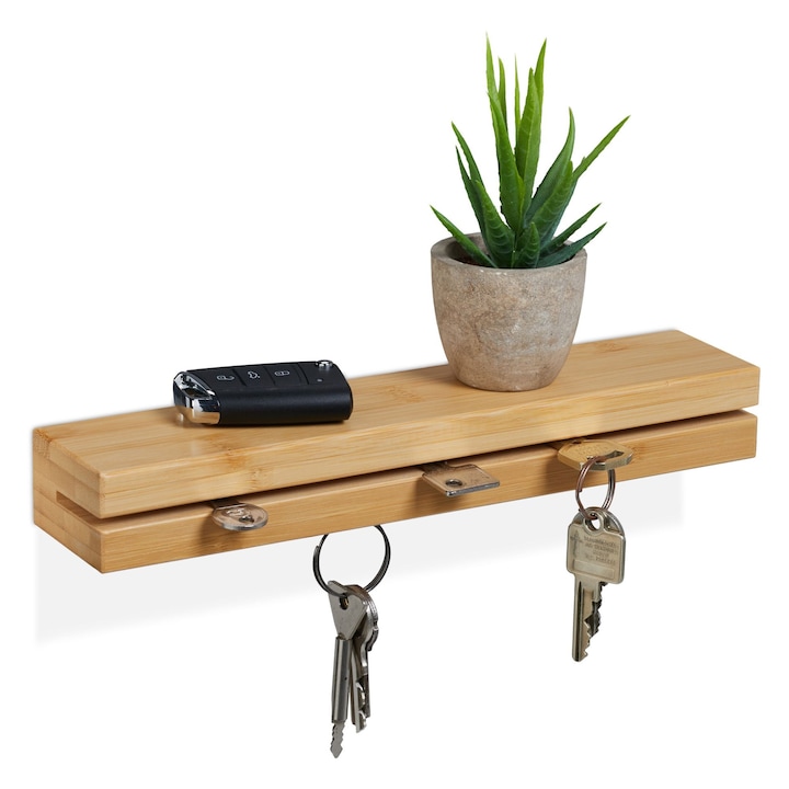 Suport magnetic pentru chei, din bambus, cu polita de depozitare, organizator de perete cu 4 magneti puternici, pentru hol si intrare, 29.5 x 6 cm
