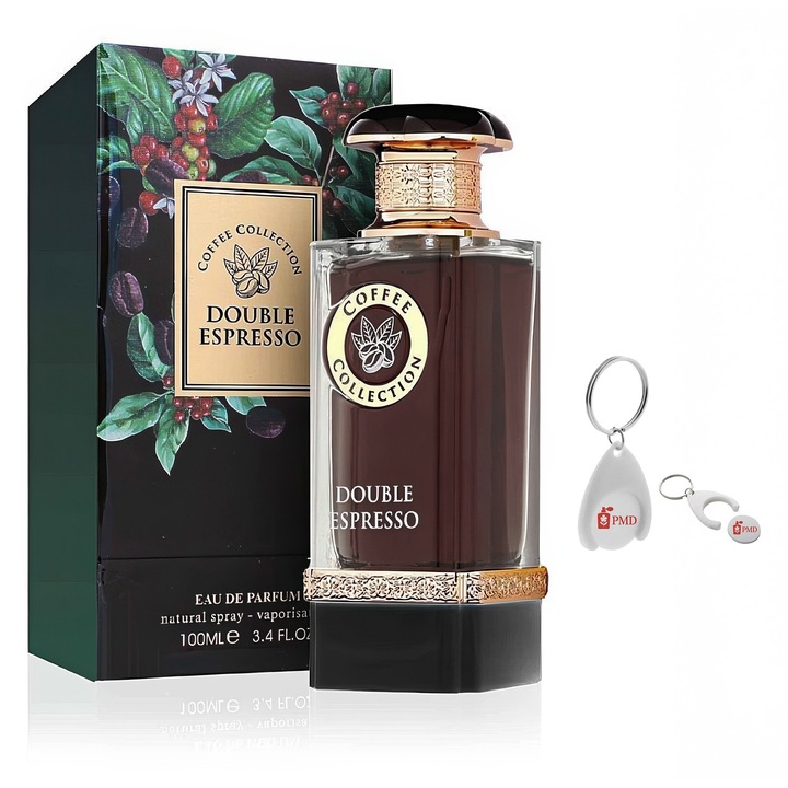 Dupla Espresso Eau de Parfum szett, Fragrance World, Unisex, 100ml, személyre szabott "PMD" kulcstartóval