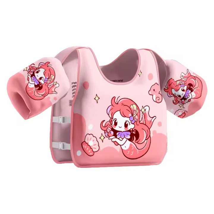 Vesta de inot cu maneci pentru copii, inchidere reglabila cu doua catarame, 2-6 ani/10-30 KG, 29 x 30 cm, roz