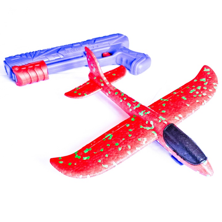 Avion rosu + buline verzi cu pistol lansator si roti de aterizare - pistol cu catapulta, zbor 8m