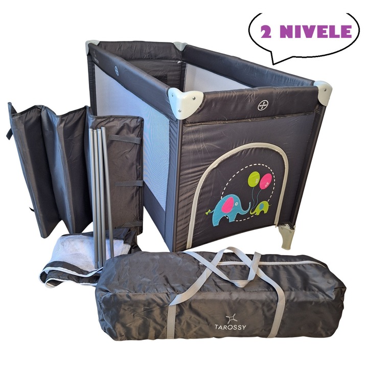 Patut pliant voiaj pentru bebelusi si copii Tarossy®, 2 nivele, portabil, 125x65 cm, etaj nou-nascuti, salteluta cu sistem de prindere, buzunar lateral, roti cu frana, geanta transport, Gri
