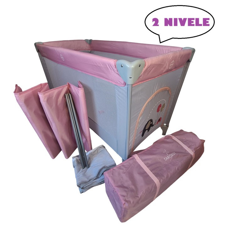 Patut pliant voiaj pentru bebelusi si copii Tarossy®, 2 nivele, portabil, 125x65 cm, etaj nou-nascuti, salteluta cu sistem de prindere, buzunar lateral, roti cu frana, geanta transport, Roz