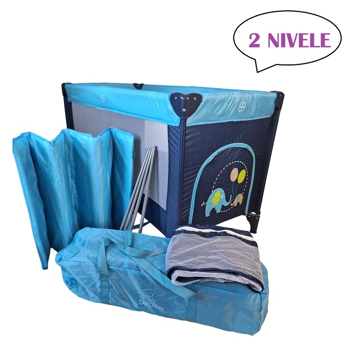 Patut pliant voiaj pentru bebelusi si copii Tarossy®, 2 nivele, portabil, 125x65 cm, etaj nou-nascuti, salteluta cu sistem de prindere, buzunar lateral, roti cu frana, geanta transport, Albastru