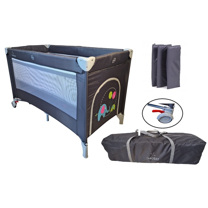 Patut pliant voiaj pentru bebelusi si copii Tarossy®, portabil, 125x65 cm, salteluta cu sistem de prindere, buzunar lateral, roti cu frana, geanta transport, Gri