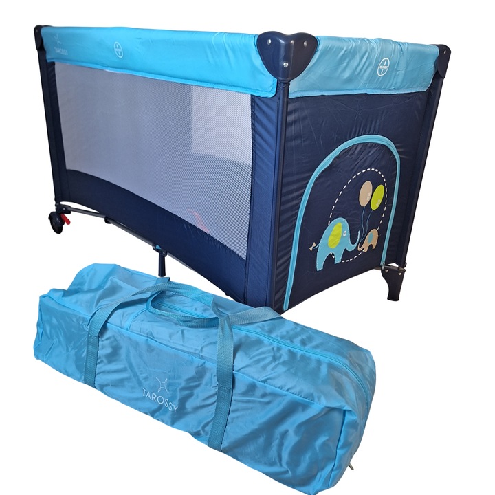 Patut pliant voiaj pentru bebelusi si copii Tarossy®, portabil, 125x65 cm, salteluta cu sistem de prindere, buzunar lateral, roti cu frana, geanta transport, Albastru